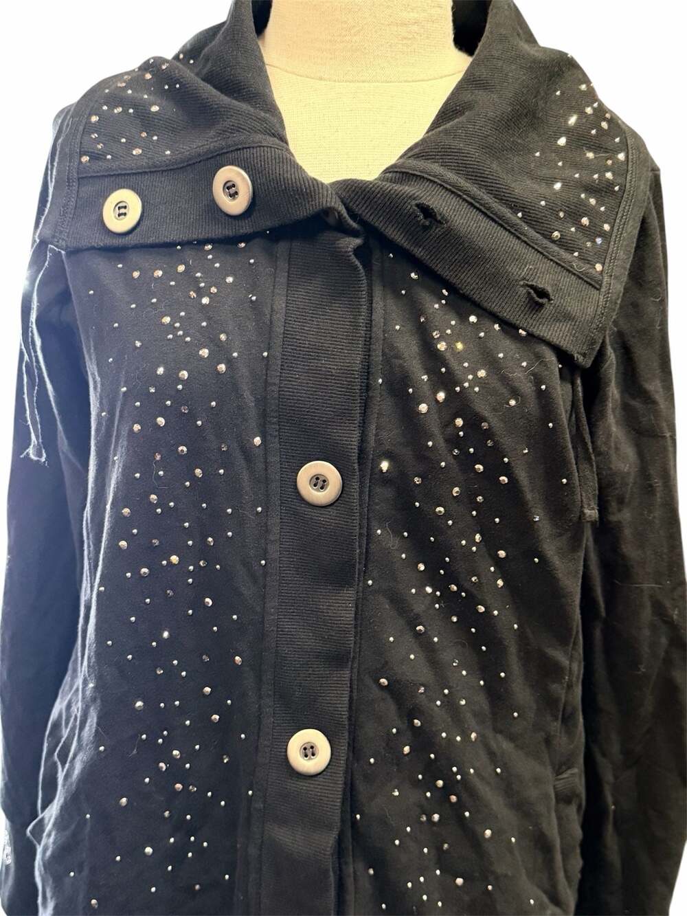 Christine Alexander Black Rhinestone Embellished Button-Front Cardigan Jacket